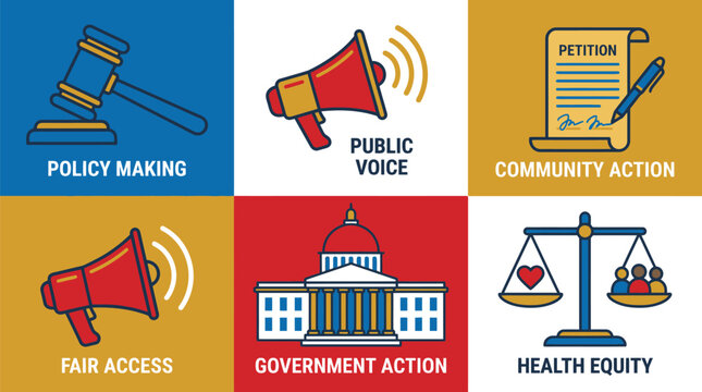 Six colorful graphic blocks represent civic engagement concepts such as policy making, public voice, and health equity.