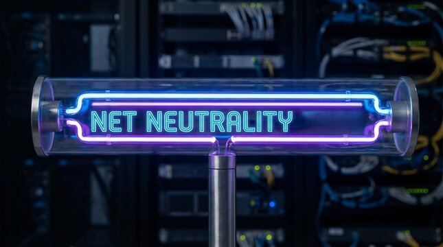 Glowing Net Neutrality Neon Sign in a Modern Data Center Server Room.