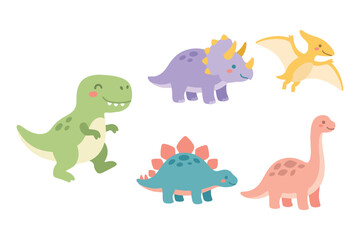 Adorable Dinosaur Character Collection, T-Rex, Triceratops, Stegosaurus, Pterodactyl, and Brontosaurus, Flat Vector Illustration for Boys and Girls © bytaristudio