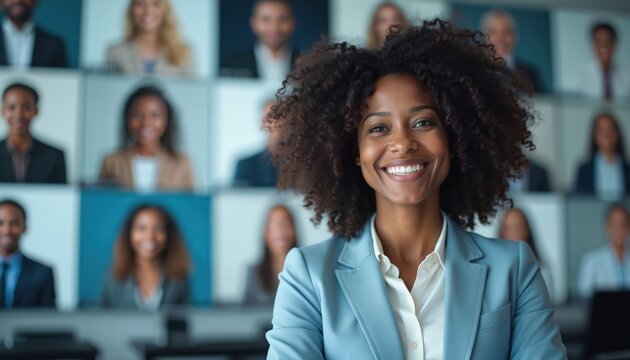 Woman smiles in grid of faces, representing online meeting, virtual team, and digital connection. Diversity seen in remote work chat. People connect globally via tech. Collaboration online.
