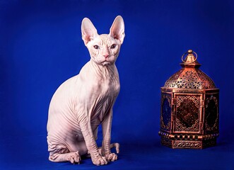 A grey sphinx cat walking on blue background. © Marina
