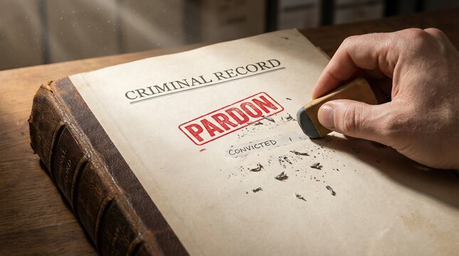 Hand using an eraser on a criminal record book after receiving a pardon stamp.