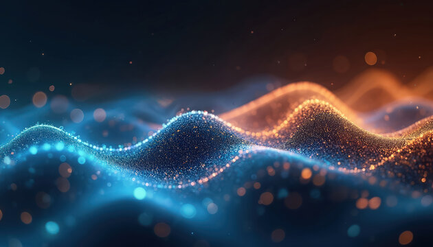 Abstract glowing digital waves of blue and orange particles flow. Futuristic data visualization with bokeh lights. Represents AI, tech, and network connectivity. Dynamic cyber background.