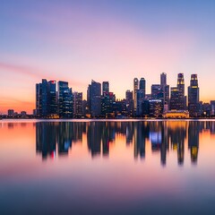 Fototapeta premium City skyline at twilight, modern buildings reflecting in calm water, under a vibrant sunset sky with dynamic orange and purple hues, a breathtaking urban landscape