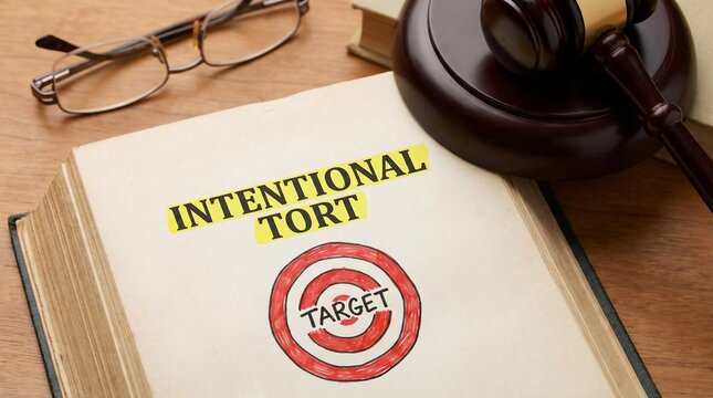 Intentional Tort law book with a target symbol and gavel on a desk.
