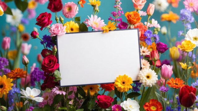 Blank signboard held within wildflower field on blue background