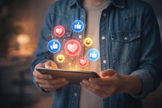 AI Social Media Engagement Analytics with Smartphone and Floating Reactions Interface