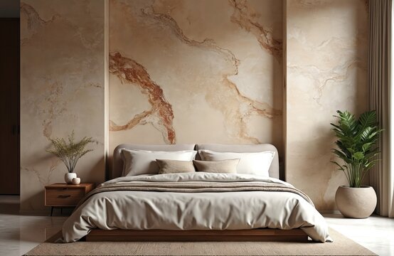 Modern bedroom with natural stone accent wall. Large bed with plush bedding sits beside a nightstand. Green plant adds life to the cozy, chic interior design.