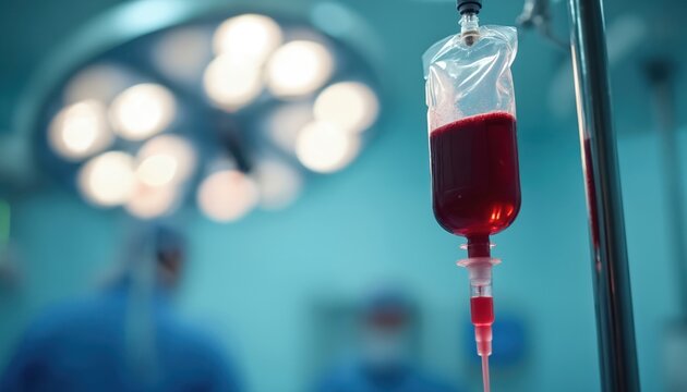 Blood bag hangs in operating room, doctors in blue scrubs blurred background. Medical fluid drips via tube from IV drip, infusion for patient surgery or transfusion.