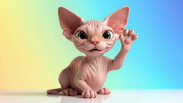 Cute 3D Animated Sphynx Cat Waving Hello Friendly Kitten