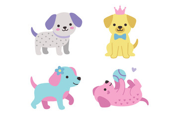 Fototapeta premium Set of Cute Puppy Dogs in Various Poses and Colors, Playful Dog with Ball, Princess Dog and Golden Retriever, Flat Vector Pet Illustration