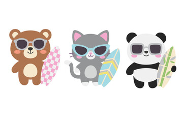 Fototapeta premium Summer Animal Surfers with Sunglasses and Surfboards, Cute Bear, Cat, and Panda Beach Vacation Characters, Flat Vector Illustration