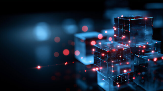 Abstract blue tech cubes with red neon dots, futuristic cyberspace grid structure for business exploring metaverse technology with blockchain network connecting modern data