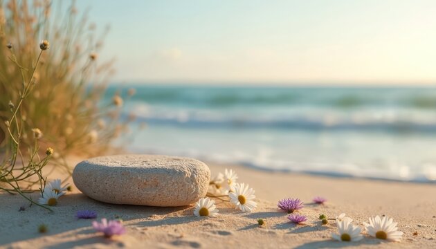Stone pedestal on sand with small flowers near sea. Gentle waves lap shore under soft sky. Natural outdoor product display backdrop for summer.