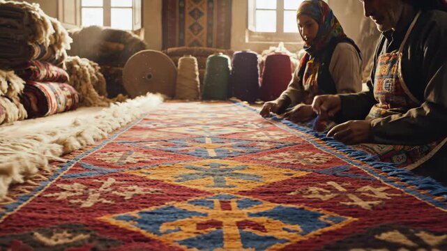 Traditional Carpet Weaving Process by Skilled Artisans in a Workshop.