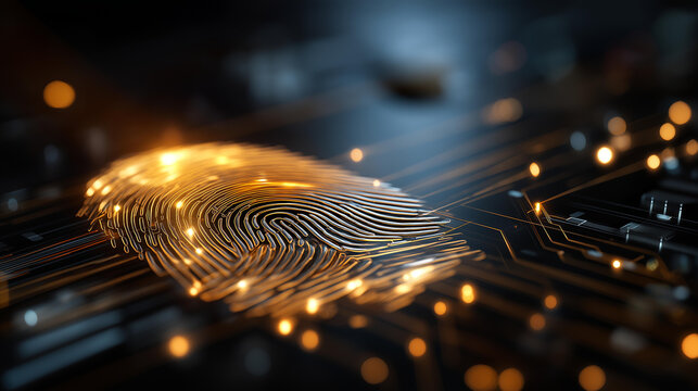 Futuristic illustration of fingerprint scan on circuit board, biometric tech and digital security concept with glowing lines creating modern tech background, unique digital