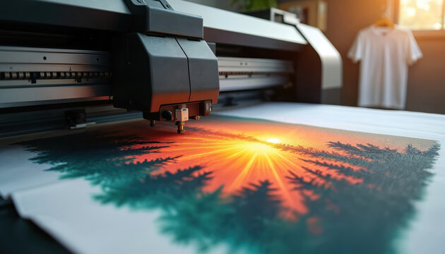 Digital printer creates colorful artwork on fabric. Machine prints sunset forest scene onto material for apparel. T shirt hangs ready for customisation in studio.