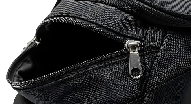 Sports bag zipper close-up with fabric and metal detail. Isolated on White background.
