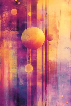 Vibrant abstract background featuring orange circles and vertical stripes in shades of purple and yellow tones together