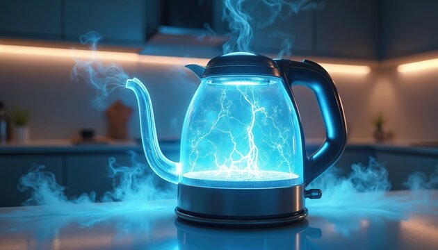 Futuristic electric kettle glows blue with internal lightning. Steam rises from spout and sides. Modern kitchen background with ambient light. Water boils intensely, creating energy effect.