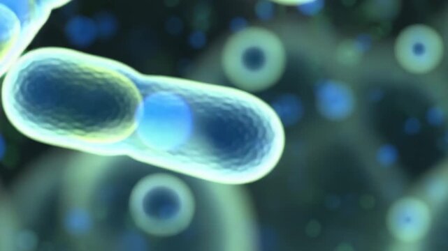 Microscopic bacteria cells actively multiplying and moving fluidly within a vibrant biological environment, an animated video footage.