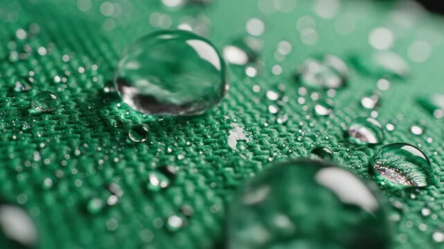 Water droplets on green fabric