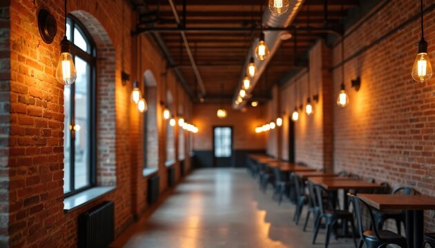 Long hallway with exposed brick walls and Edison bulb lighting. Empty tables and chairs are arranged in a restaurant or cafe setting. Interior architectural view with warm ambient light.