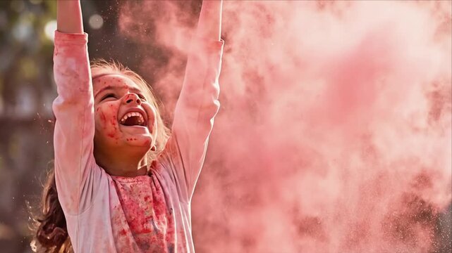 Young girl with colored powder on her face and clothes joyfully throws vibrant pink powder into the air during the Holi festival, surrounded by a colorful cloud of powder and sunlight