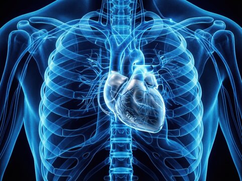 X-ray style 3D render of a human torso showing an artificial mechanical heart implant with wires inside the ribcage. Futuristic cardiology and bionic technology concept