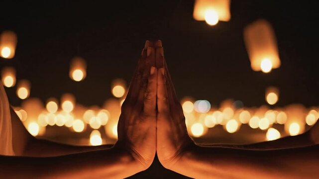 Two hands come together in a prayer gesture, surrounded by glowing lanterns in a dark setting, creating a serene atmosphere filled with soft light and spiritual significance