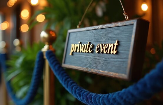 Elegant sign says private event, guarded by blue velvet ropes and gold stanchions. Lights twinkle softly in background, hinting at an exclusive celebration.