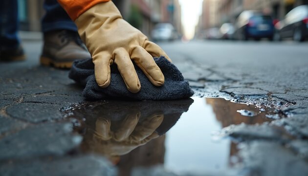 Person in protective glove wipes wet pavement on city street. Worker uses cloth to absorb liquid spill on asphalt. Cleaning work for safety on urban surface.