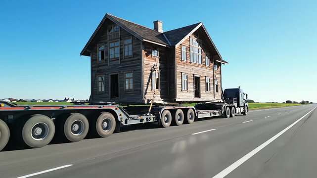Massive flatbed semi truck transporting an entire two story wooden house along a highway on a sunny day with clear blue sky