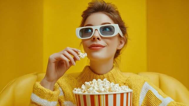 Lady in 3D glasses watches a movie, eating popcorn with a big smile. She's in a yellow room, looking into the distance.
