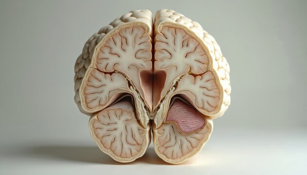 Detailed human brain cross section shows internal structures and tissues. Medical model reveals convolutions gyri sulci and cerebral cortex layers. Science learning biology study organ.