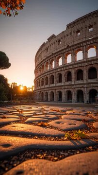 Ancient Roman Colosseum at sunset with cobblestone foreground in Rome.