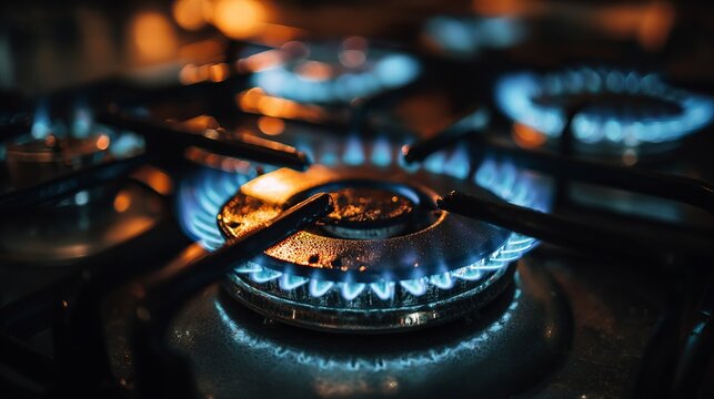 Flame burns blue on the gas stove.