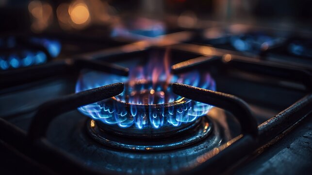 Flame burns blue on the gas stove.