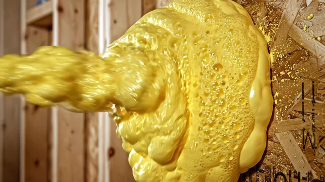 Construction worker in protective gear applying yellow expanding polyurethane spray foam insulation to wooden wall framing