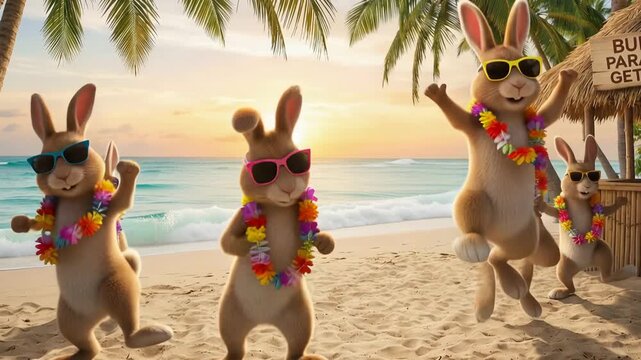 Fun easter bunnies in sunglasses and flower leis dancing on a tropical beach, paradise holiday vacation concept