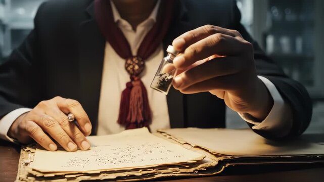 Scientist in Laboratory Writing Notes Under Lamp.