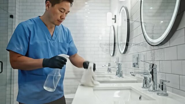 Asian man in blue shirt uses a spray bottle to clean a bathroom sink, applying cleaner to the faucet and countertop, while a cloth is ready for wiping in a modern restroom setting