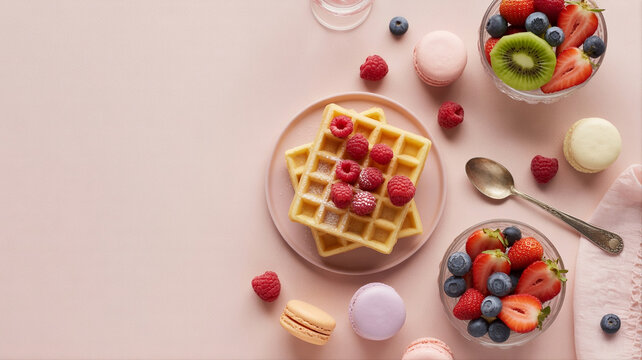 Mother&rsquo;s Day breakfast flat lay with waffle, fresh berries, macarons and fruit bowl on pastel background, elegant sweet brunch composition, AI-generated still life