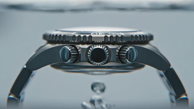 Gloved hand submerging a luxury dive watch into water for a waterproof pressure test in a quality control laboratory