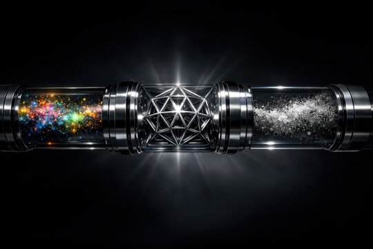 Cosmos container reflecting the dynamic interplay of cosmic energy dark matter and geometric structure evoking the essence of universal connectivity and exploration