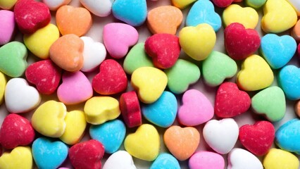Obraz premium Colorful heart candies piled on neutral background surface