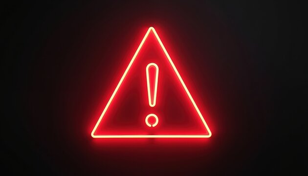 Red neon triangle with exclamation mark glows on dark background. Alert sign signals danger caution attention. Bright illuminated symbol indicates hazard notification warning.