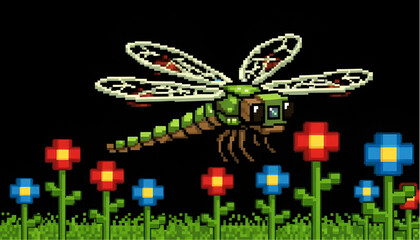 Fototapeta premium Pixel Art Robotic Dragonfly Flying Over Flower Garden on Black Background