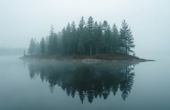 Misty island with dense evergreen trees reflected in still, pale water. Foggy sky creates illusionary effect where reality and reflection merge. Nature tranquil beauty.