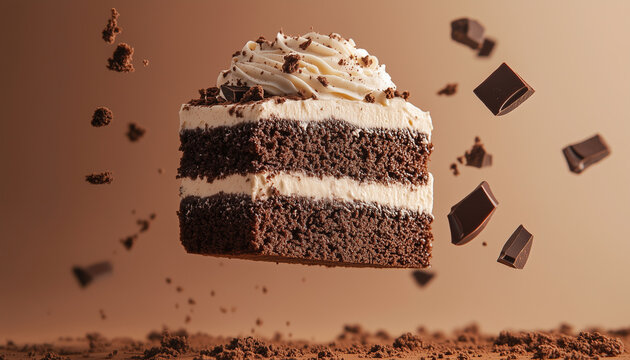 Dark chocolate cake slice with cream frosting suspended mid-air. Chocolate bits scatter around dessert, creating dynamic presentation. Rich, decadent treat invites indulgence